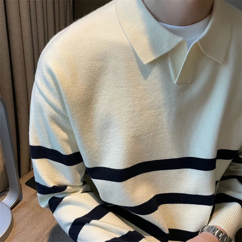 Men’s sweater with lapels – striped and comfortable