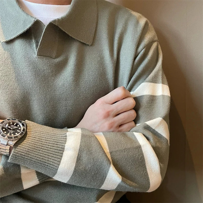 Men’s sweater with lapels – striped and comfortable