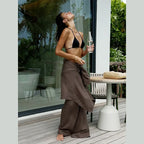 Elegante women's set – wide-leg pants made from linen-cotton blend and simple long-sleeve top