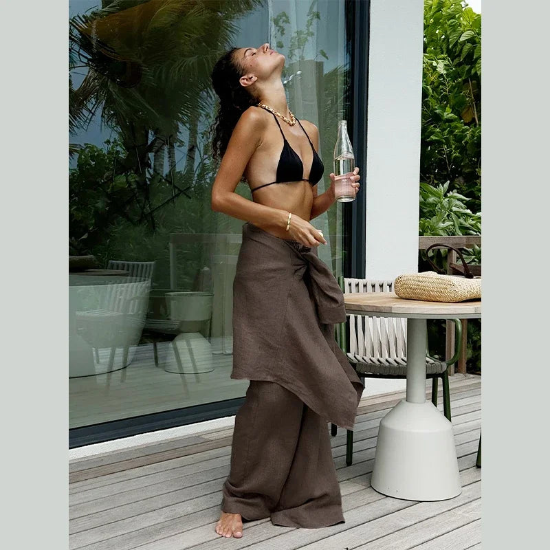 Elegante women's set – wide-leg pants made from linen-cotton blend and simple long-sleeve top