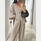 Elegante women's set – wide-leg pants made from linen-cotton blend and simple long-sleeve top