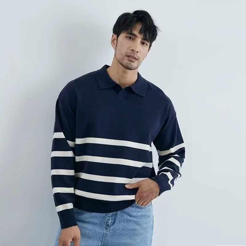 Men’s sweater with lapels – striped and comfortable