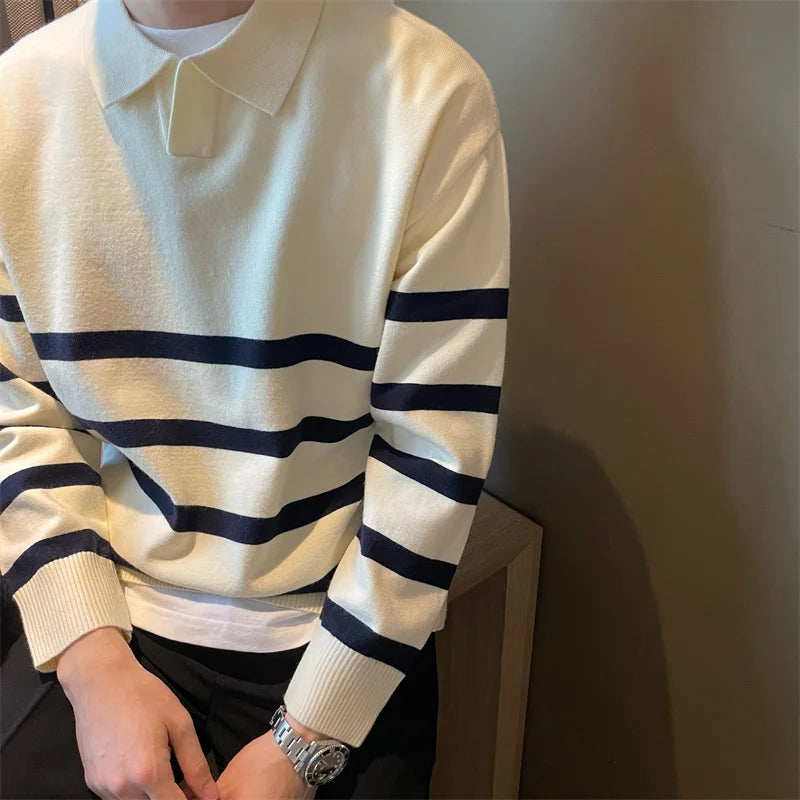 Men’s sweater with lapels – striped and comfortable