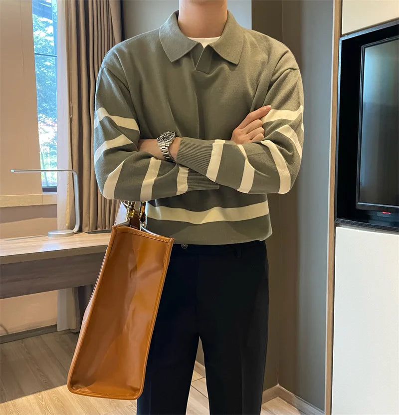 Men’s sweater with lapels – striped and comfortable