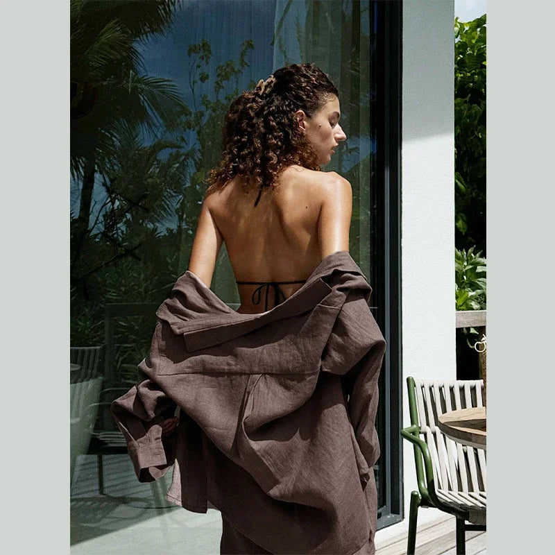 Elegante women's set – wide-leg pants made from linen-cotton blend and simple long-sleeve top
