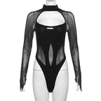All eyes on you – cut-out bodysuit with stand-up collar and transparent mesh look