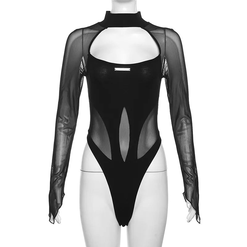 All eyes on you – cut-out bodysuit with stand-up collar and transparent mesh look