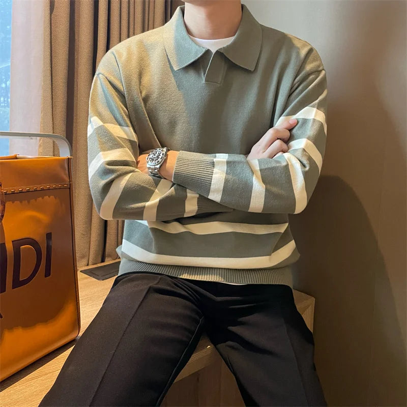 Men’s sweater with lapels – striped and comfortable