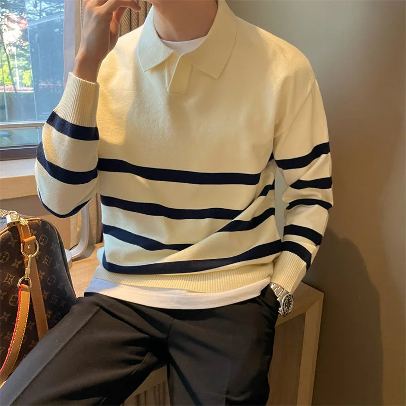 Men’s sweater with lapels – striped and comfortable