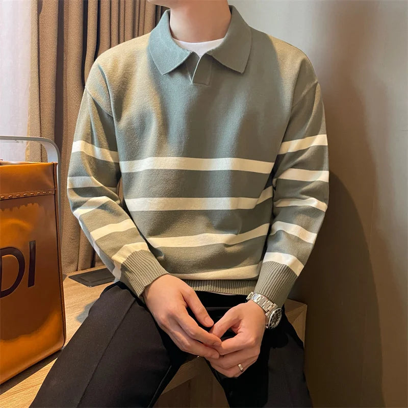Men’s sweater with lapels – striped and comfortable