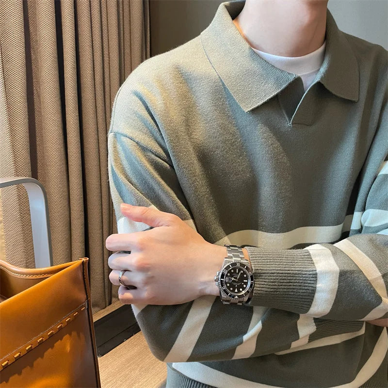 Men’s sweater with lapels – striped and comfortable