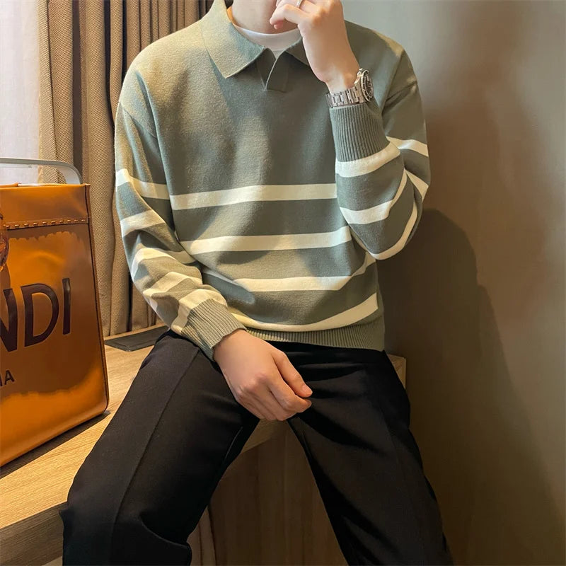 Men’s sweater with lapels – striped and comfortable