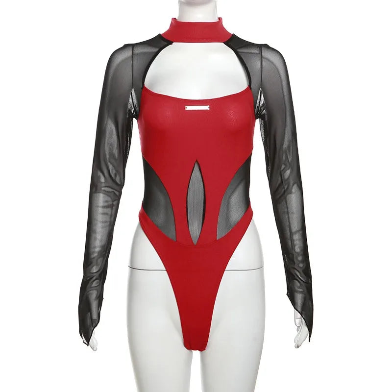All eyes on you – cut-out bodysuit with stand-up collar and transparent mesh look