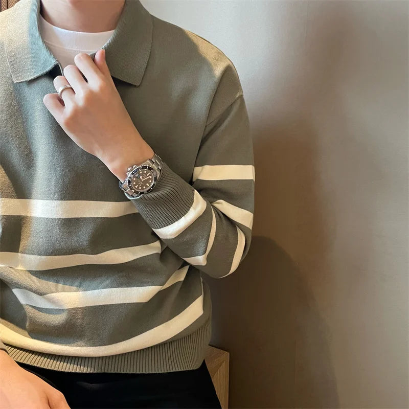Men’s sweater with lapels – striped and comfortable