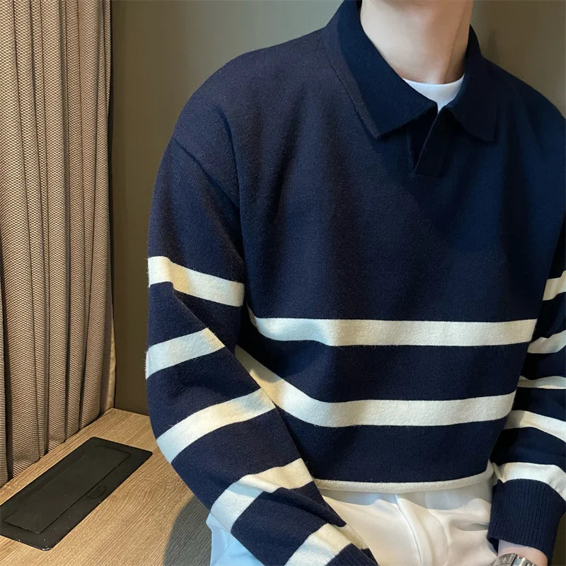 Men’s sweater with lapels – striped and comfortable