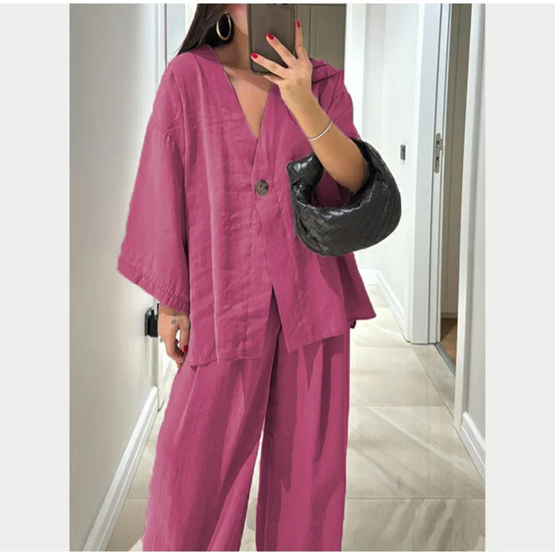 Elegante women's set – wide-leg pants made from linen-cotton blend and simple long-sleeve top