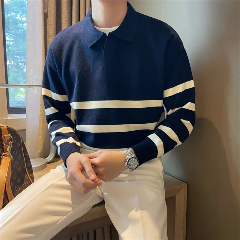 Men’s sweater with lapels – striped and comfortable