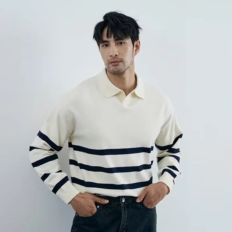Men’s sweater with lapels – striped and comfortable