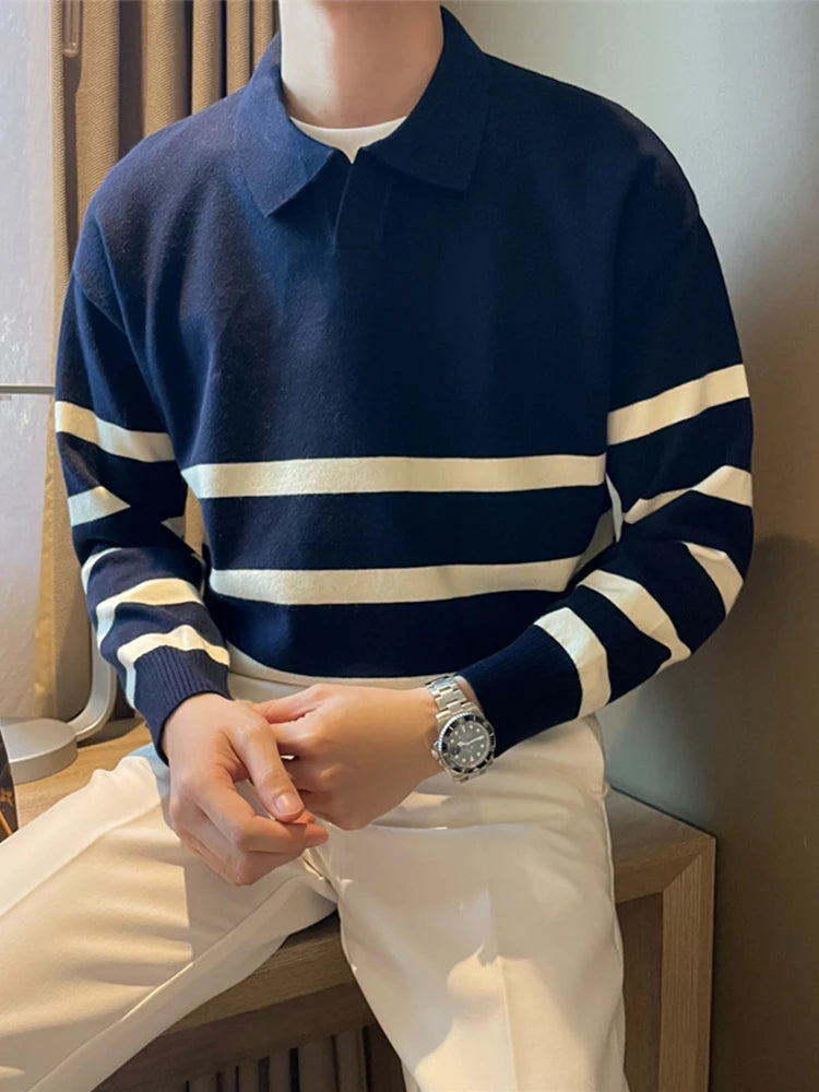 Men’s sweater with lapels – striped and comfortable